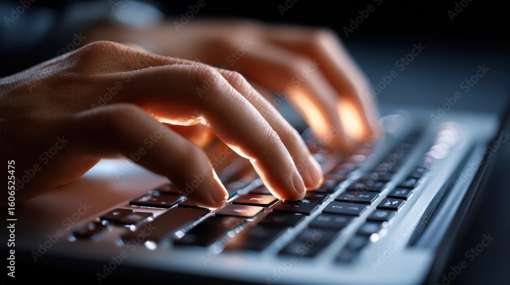 Poster hands typing on a laptop keyboard in a dimly lit environment during late-night working hours