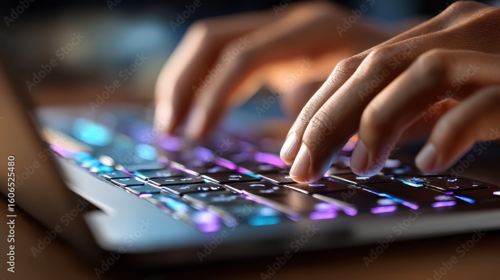 Poster hands typing on a keyboard during evening hours with colorful backlighting in a cozy workspace