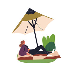Woman lying under parasol. Female resting in nature, park, enjoying summer holiday, chilling, relaxing on blanket under umbrella, outdoor leisure. Flat vector illustration isolated on white background