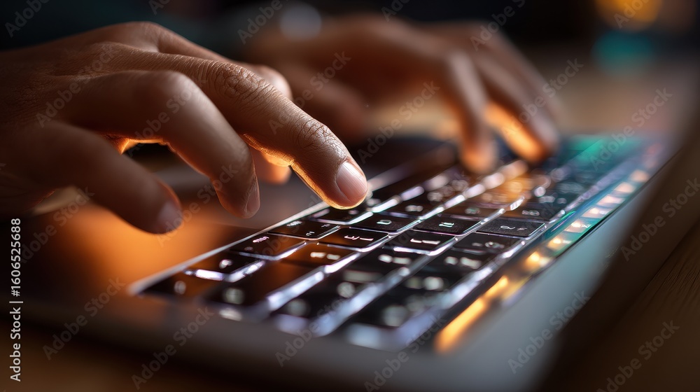 Poster hands typing on a laptop keyboard illuminated in a dimly lit room during an evening work session