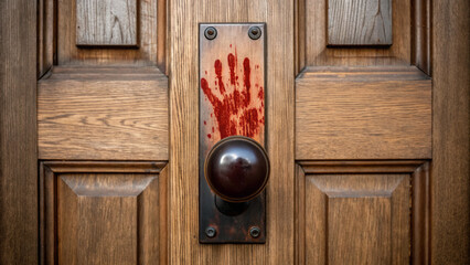 Halloween mockup scene with spooky decorations. A wooden door features a bloody handprint near a round doorknob, creating a haunting atmosphere.