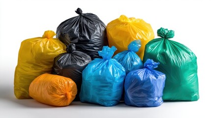Colorful assortment of garbage bags in various sizes stacked together for disposal