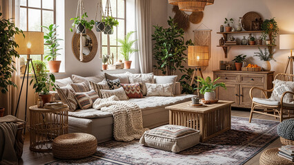 Relaxed and Stylish Living Room with Bohemian Furnishings and Indoor Plants