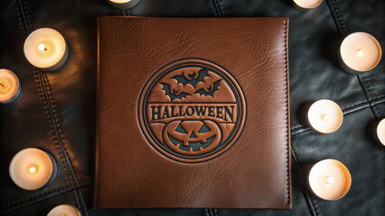 Halloween mockup scene with spooky decorations. Leather-bound Halloween journal surrounded by candles on a textured surface.