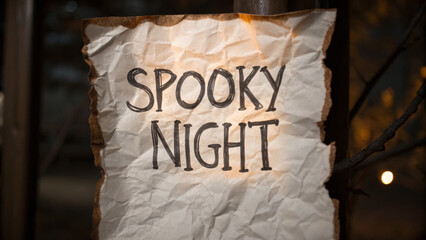 Halloween mockup scene with spooky decorations. Crinkled paper sign reads "Spooky Night," illuminated against a dark background.