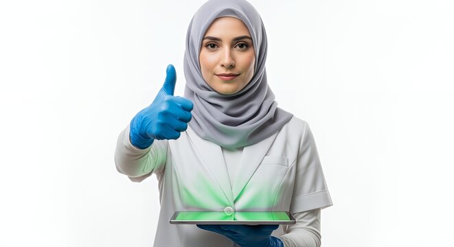 Muslim Female Doctor Giving Thumbs Up with Tablet