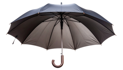  umbrella with a curved handle and fully open canopy, isolated on a transparent PNG background.
