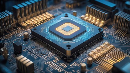 A close up shot of a computer chip with intricate details and gold connectors on a circuit board