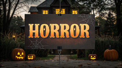 Halloween mockup scene with spooky decorations. Horror-themed sign with pumpkins and a spooky house in the background.