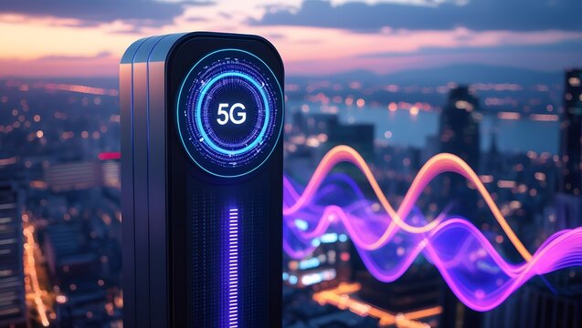 5G network tower with digital waves and city