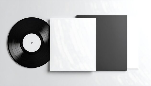 Minimalist mockup featuring a vinyl record and blank album covers for artistic use