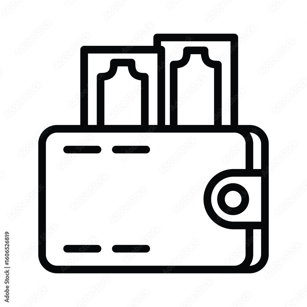 Poster line art of a rectangular wallet with money sticking out secured by a round clasp