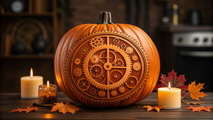 Halloween mockup scene with spooky decorations. A beautifully carved pumpkin featuring intricate gear designs, surrounded by candles and autumn leaves.