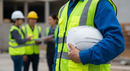 Close-up of a construction worker in a high-visibility vest holding a white hard hat, with blurred colleagues in the background at a construction site