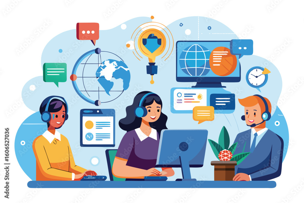Poster operators at a busy call center providing customer service support during peak hours
