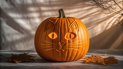 Halloween mockup scene with spooky decorations. A carved pumpkin with cat features, surrounded by autumn leaves and soft shadows.