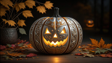 Halloween mockup scene with spooky decorations. Carved pumpkin with intricate designs and glowing eyes, surrounded by autumn leaves.