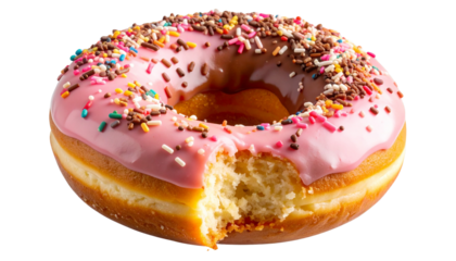 Partially eaten pink and brown frosted donut topped with colorful sprinkles, isolated on a transparent PNG background