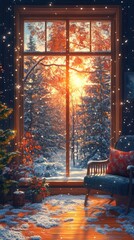 Cozy Winter Scene: A View Through the Window of a Snug Room at a Snowy Landscape with Falling Snowflakes and the Golden Glow of the Setting Sun.