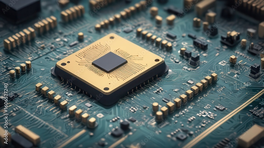 Aufkleber a detailed close up of a microchip and circuit board with intricate gold wiring and components