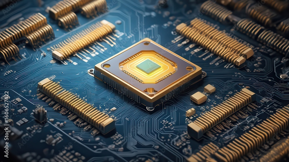 Poster a close up view of a microchip with gold connectors on a blue circuit board with intricate lines