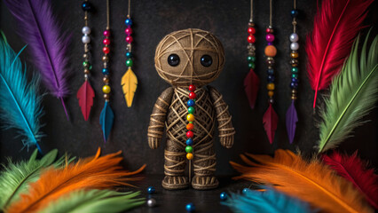 Halloween mockup scene with spooky decorations. A vibrant decorative figure surrounded by colorful feathers and beads against a dark background.