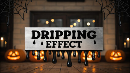 Halloween mockup scene with spooky decorations. Spooky Halloween scene featuring pumpkins and a dripping effect graphic.