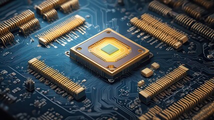 A close up view of a microchip with gold connectors on a blue circuit board with intricate lines