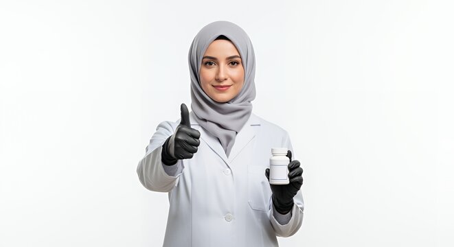 Smiling Muslim Female Doctor Recommends Medicine