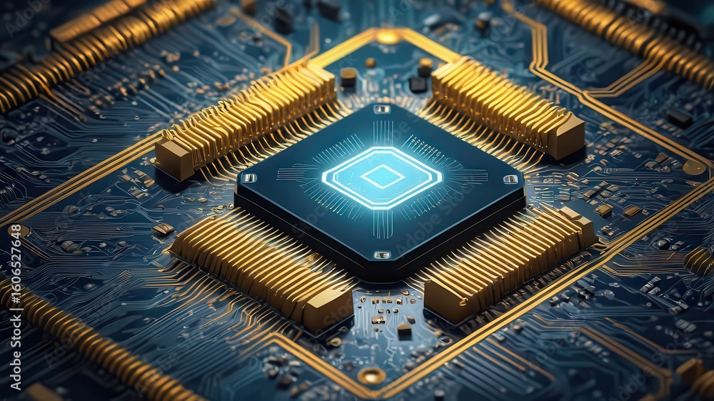 Aufkleber a close up view of a central processing unit with blue light and gold colored components visible