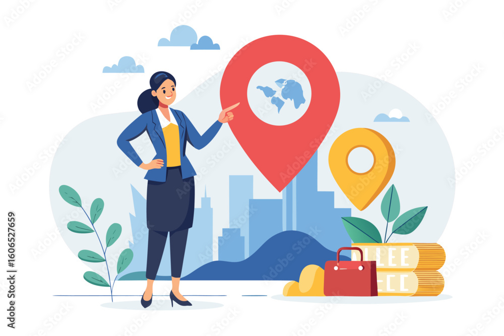 Poster businesswoman points to large map pointer while standing in urban setting, representing location and