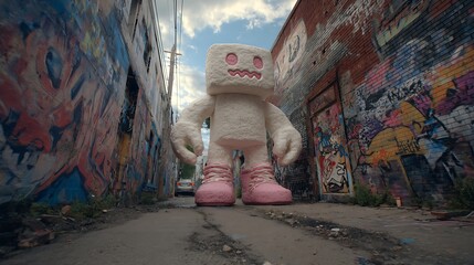 A marshmallow man with pink boots stands in an alleyway filled with graffiti art