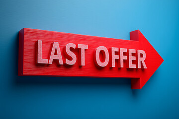 Red Last Offer Sign on Wall. Red arrow sign with 'LAST OFFER' on blue brick wall, ideal for sales promotions.