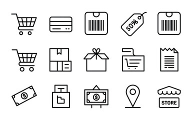 Sales and E-commerce Icons: Shopping Cart, Credit Card, Barcode, Discount Tag, Package, Receipt, Money, Storefront Vector Set