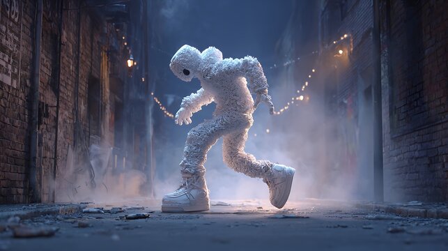 A marshmallow man runs through a dark urban alleyway at night with a sense of urgency