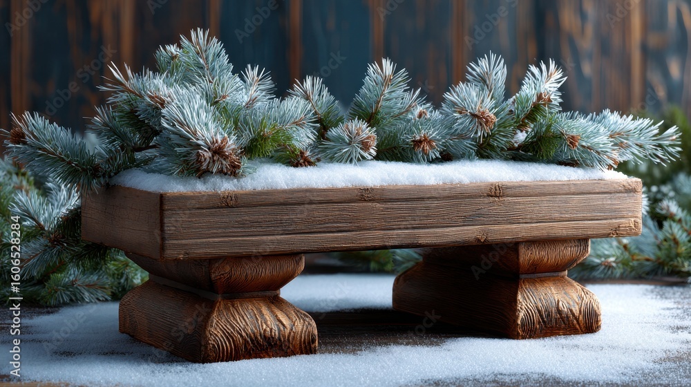 Poster wooden display with snow and evergreen branches creating a cozy winter atmosphere in a rustic settin