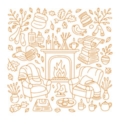 Warm Autumn Fireplace Illustration with Candles, Armchairs, Books, and Fall Leaves – Cozy Seasonal Vector Design for Home Decor and Relaxation Concepts