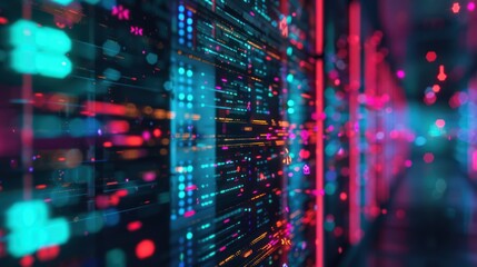 Abstract server rack with vibrant digital code