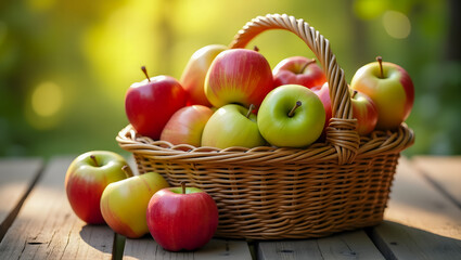 Top-Down View of Fresh Apples in a Woven Basket on Wooden Table, Natural Setting, 4K