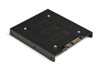 2.5 inch solid state drive (SSD). Ata series SSD drive on a drive mount in a 3.5-inch bay.