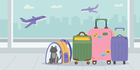 Traveling with pets concept 2. Airport luggage and cat in the carrier. Vector flat banner.