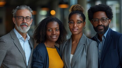 Four diverse professionals, smiling, in an office setting, wearing blazers and eyeglasses