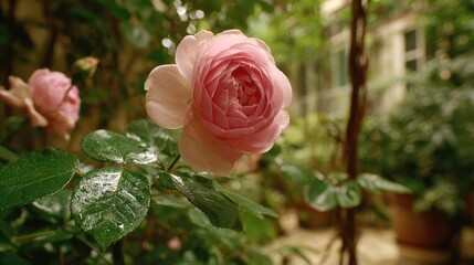 Centifolia rose with floral tempo concept. Soft pink rose blooming in a lush green garden setting.