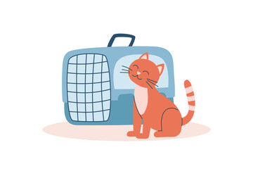 A cat in the carrier6. Concept of travel with pet. Illustration of a cat sitting nearby the carrier. Vector flat clipart.