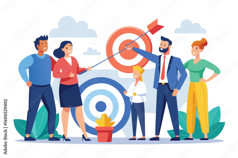 Poster business target concept vector illustration featuring a team collaborating to achieve goals and obje