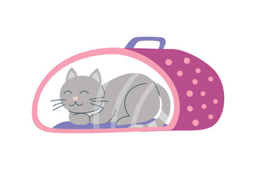 A cat in the carrier3. Concept of travel with pet. Illustration of cat lying in the carrier. Vector flat clipart.