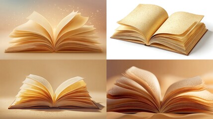 Four open books with aged, cream-colored pages, some pages are fluttering
