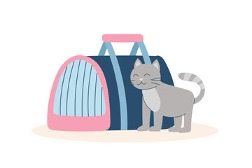 A cat in the carrier5. Concept of travel with pet. Illustration of the carrier and cat. Vector flat clipart.