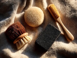 Soft brush, scrubber, and sponge on beige towel.