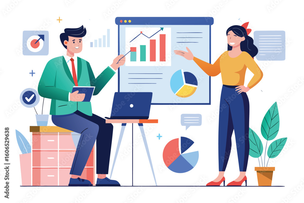 Aufkleber business presentation with man explaining data analytics and charts to a woman in a collaborative of
